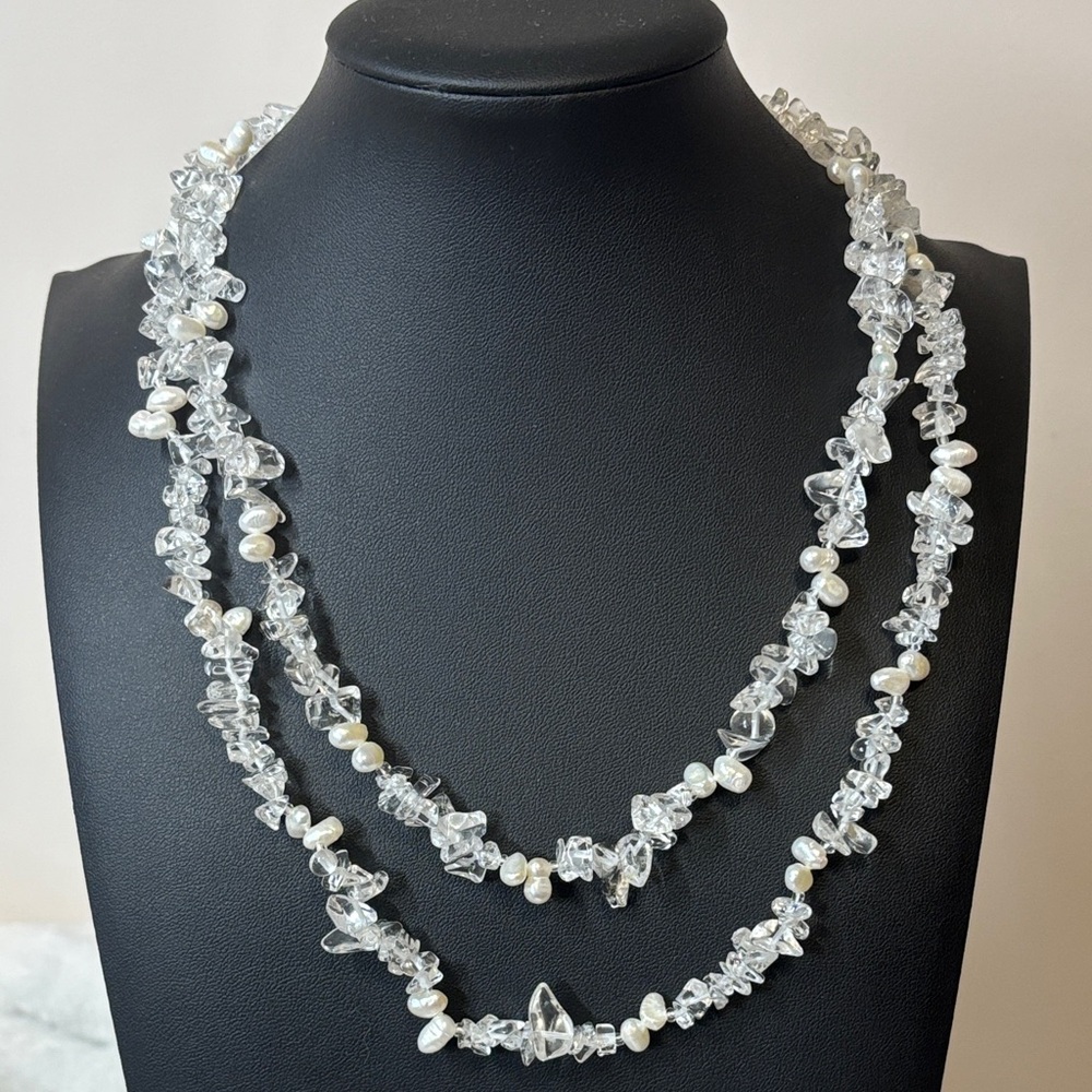 NWT 42” Genuine Clear Quartz Gemstone Freshwater Pearl Necklace